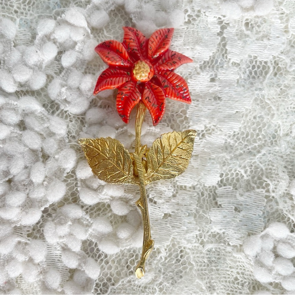 Vintage Holy Mother Mary on back Poinsettia Christmas Pin Red Enamel